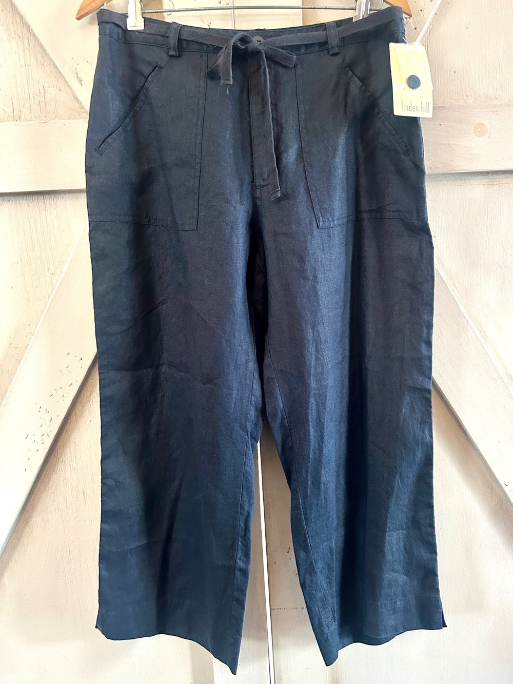 Linden Hill Black 100% Linen Cropped Pants Drawstring Waist Size 10 NWT